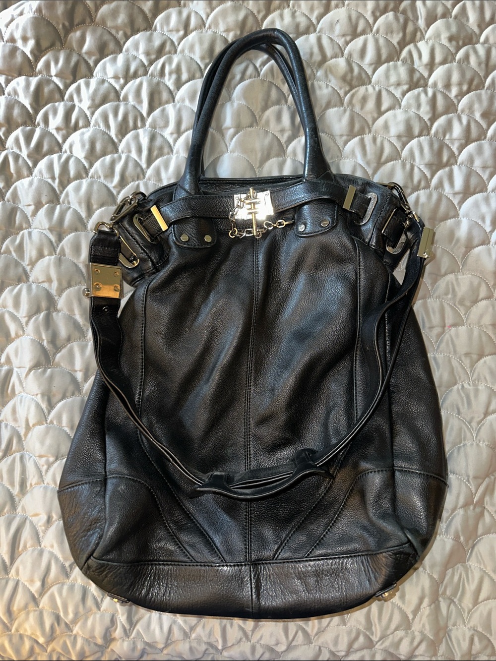 Rachel Zoe Black Leather Tote Bag with Silver Hardware